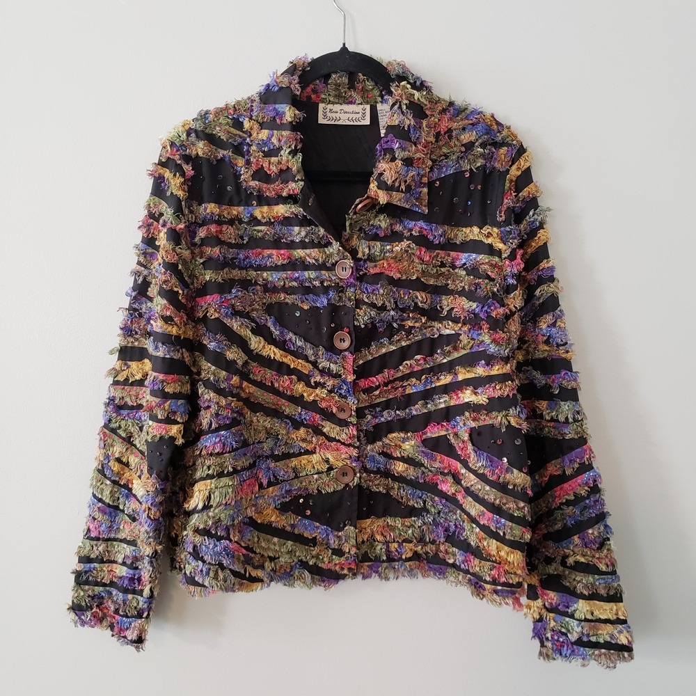 Vintage New Direction Jacket LARGE Boho Indie 90s Statement Rainbow Artsy Fringe